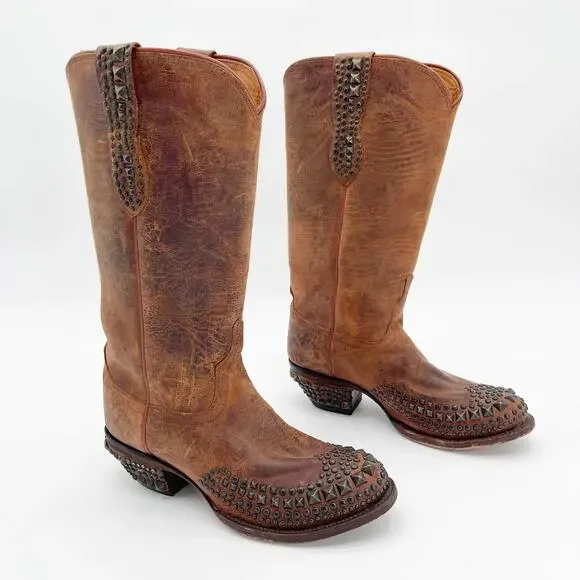 Lucchese Women’s 9 Brown Mad Dog Stud Wingtip Distressed Western Cowgirl Boots - Picture 1 of 12
